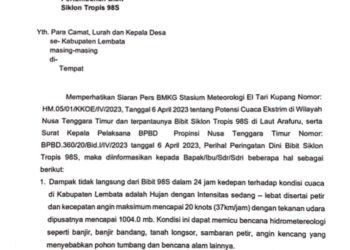 Bupati Lembata Mengeluarkan Surat Ederan Waspada Pertumbuhan Bibit Siklon Tropis 98S